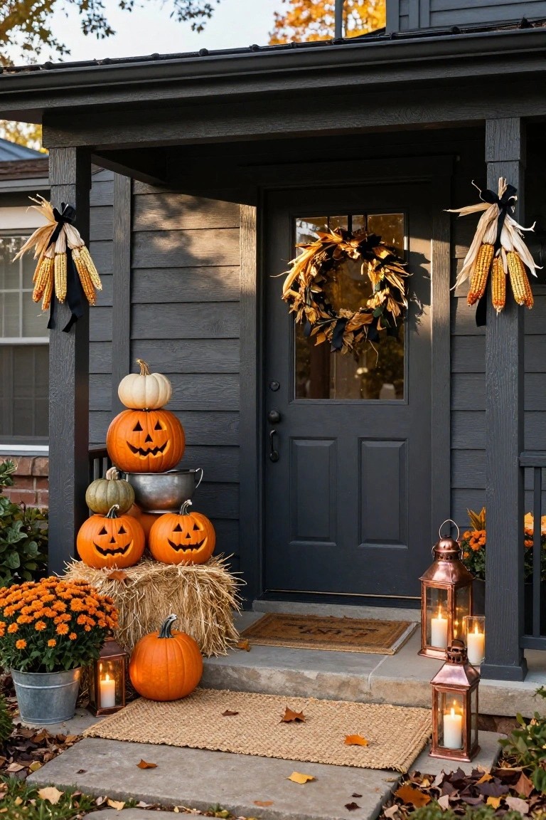 Front porch of a dark gray house with a stack of four carved orange jack-o-lanterns and smaller pumpkins next to the black door, flanked by cornstalk bundles, a wheat and leaf wreath on the door, hay bales, mum flowers in a bucket, and copper lanterns on the steps.