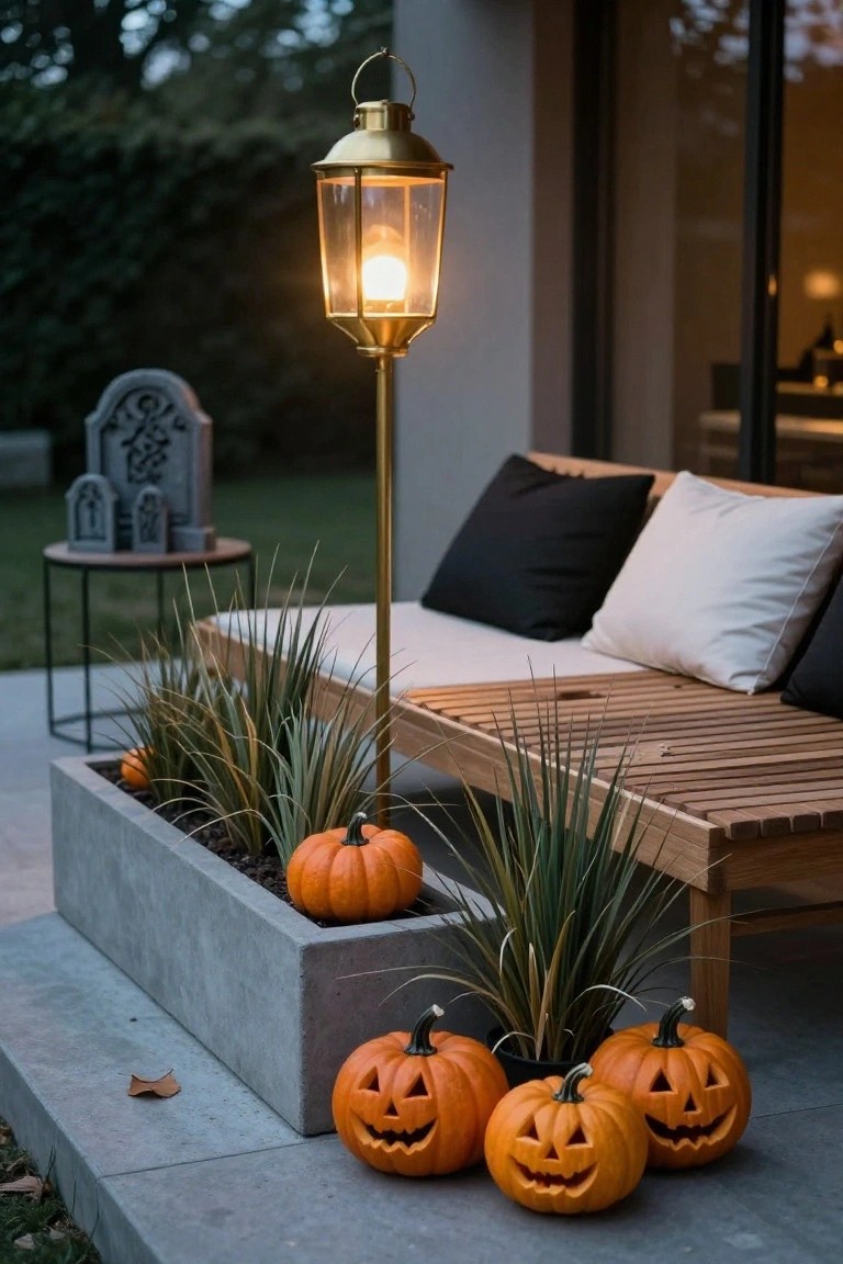 Tall golden lantern post on a concrete patio at dusk, illuminating carved jack-o-lanterns, potted ornamental grasses, a wooden daybed with black and white pillows, and small stone gravestone decorations nearby.