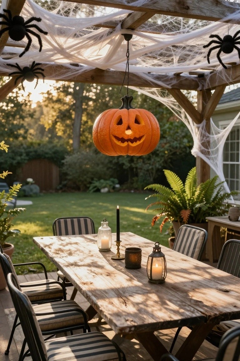 Wooden pergola covered in white cobwebs and black plastic spiders, with a large orange jack-o-lantern lantern hanging above a rustic wooden dining table set with candles and lanterns on a sunny patio next to a lawn and plants.