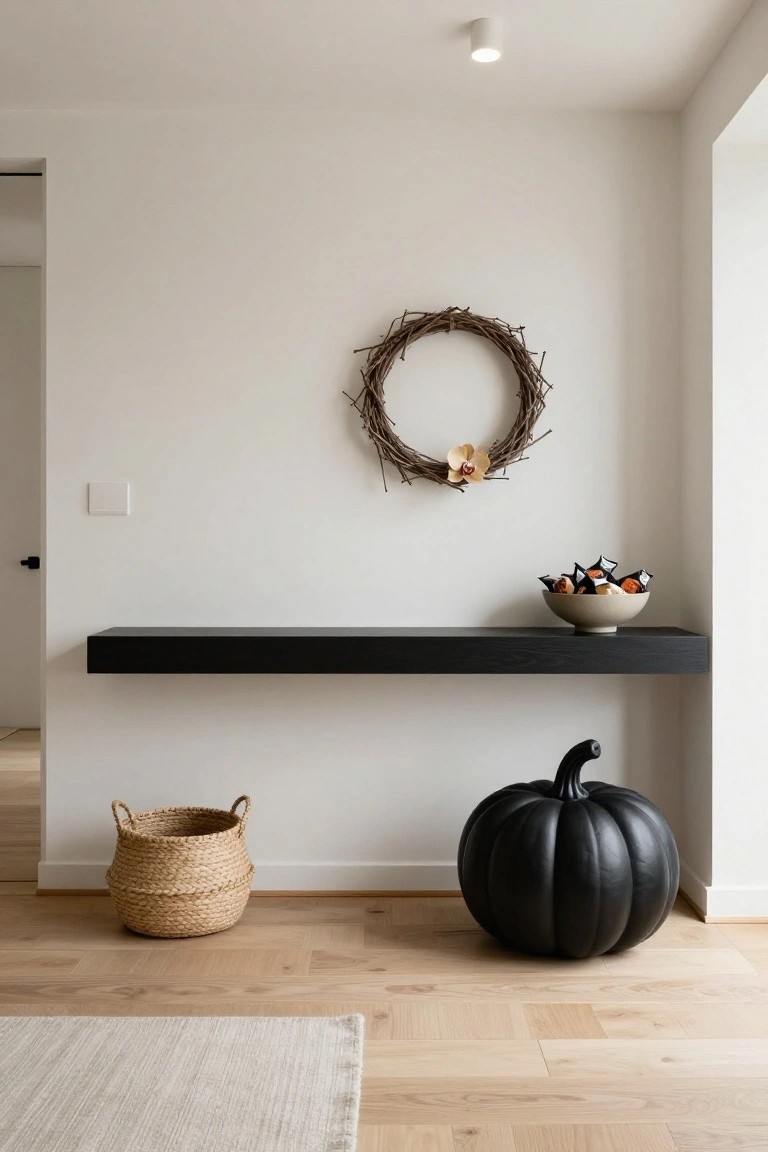 Modern white entryway with black floating shelf holding bowl of wrapped Halloween candies, twig wreath with flower on wall, wicker basket, and large black pumpkin on light wood floor with neutral rug.