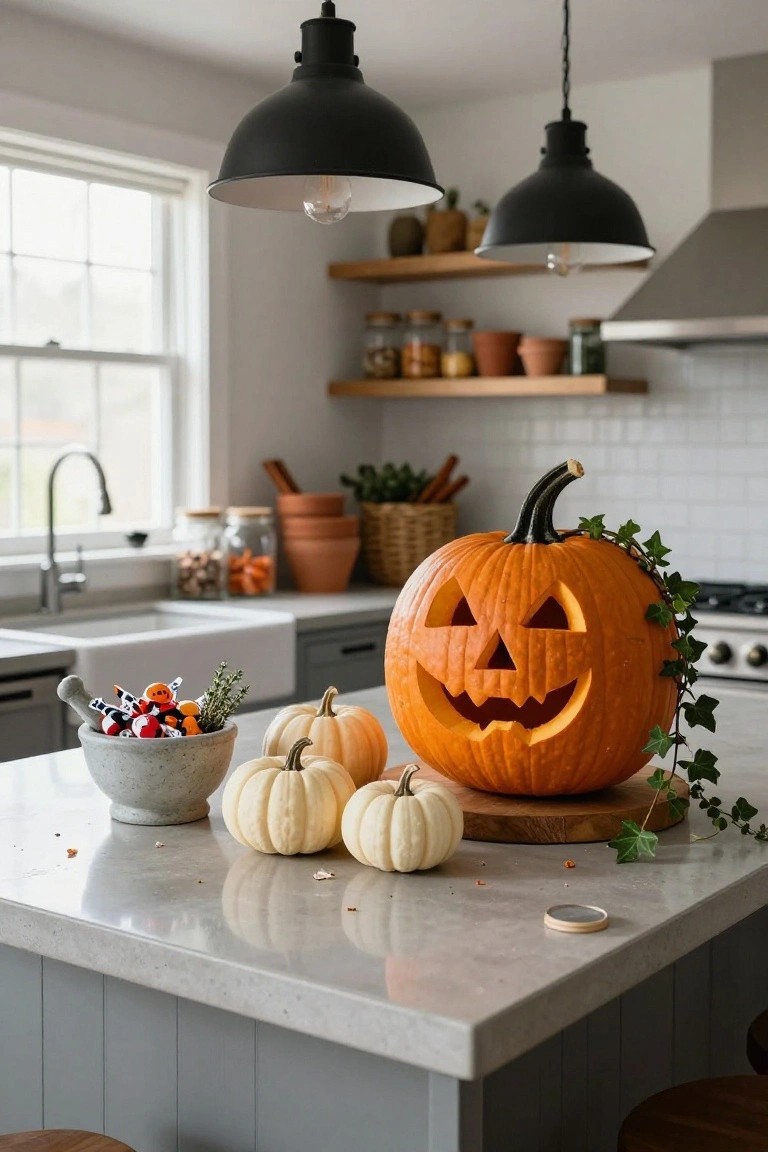 Modern kitchen island counter with large orange jack-o'-lantern pumpkin carved with a grinning face, small white pumpkins, ivy vines, candy sticks in a stone mortar, and herb sprigs nearby.