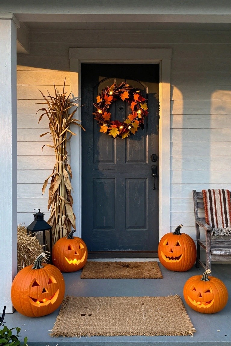 Dark blue front door on a white clapboard house porch decorated for Halloween with a lit leaf wreath, cornstalks, hay bales, black lantern, striped-blanket rocking chair, door mat, and four carved lit jack-o-lantern pumpkins on the steps.
