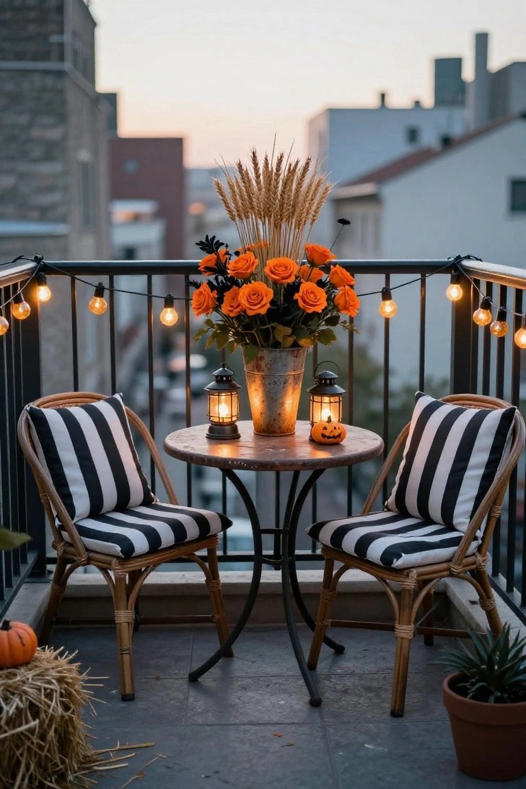 Balcony at dusk with black metal railing strung with warm bulb lights, two black-and-white striped wicker chairs at a small round wooden table holding metal lanterns and a carved pumpkin, large orange rose bouquet in a bucket nearby, hay bales, small pumpkin, and potted plants against urban buildings.