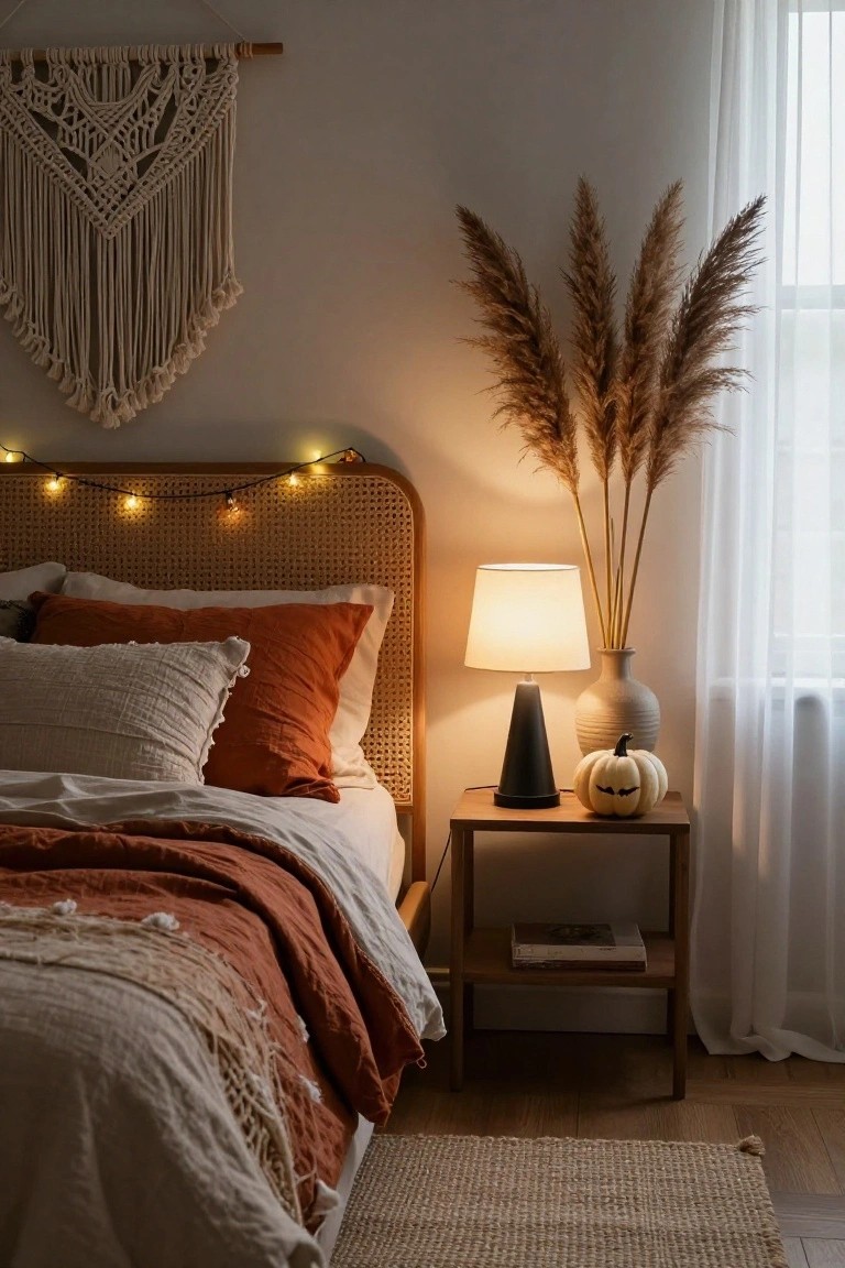 Bedroom interior with rattan headboard strung with fairy lights, orange and cream pillows and duvet, nightstand holding black lamp and carved white pumpkin, pampas grass in vase by window, macrame wall hanging above bed, sheer curtains.