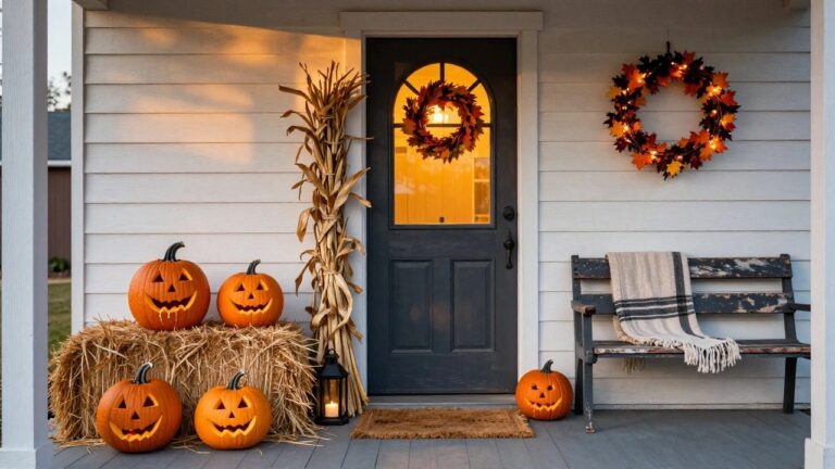 Dark blue front door on a white clapboard house porch decorated for Halloween with a lit leaf wreath, cornstalks, hay bales, black lantern, striped-blanket rocking chair, door mat, and four carved lit jack-o-lantern pumpkins on the steps.