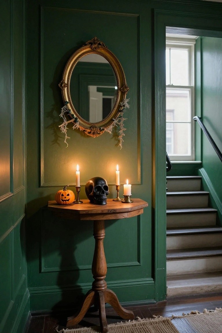 Dark green paneled interior hallway with round wooden pedestal table holding orange jack-o-lantern pumpkin, black skull, and white candles on candlesticks, beside gold oval mirror with cobweb garlands, wooden stairs visible nearby.