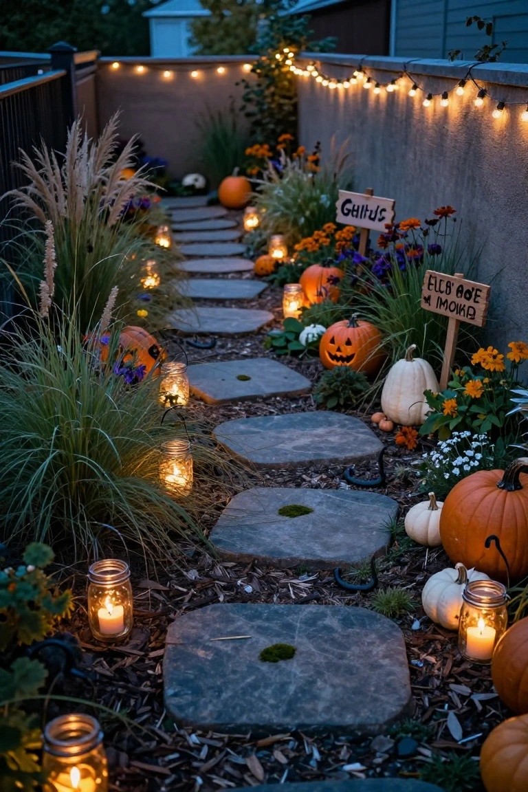 Stone pathway winding through a backyard garden at dusk, lined with orange and white pumpkins, mason jar lanterns with candles, pampas grass, flowers, Halloween signs on wooden stakes, and string lights along a fenced wall.