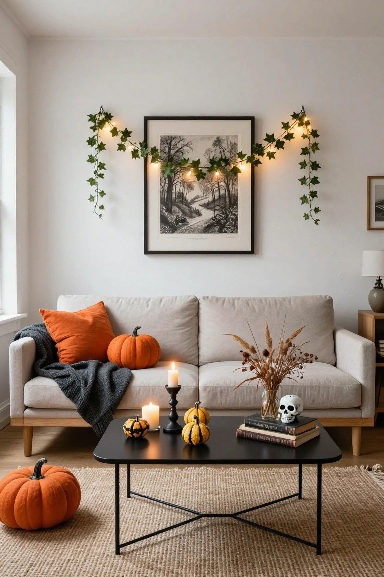 Cozy living room with beige sofa, pumpkins, candles, and fall decor.