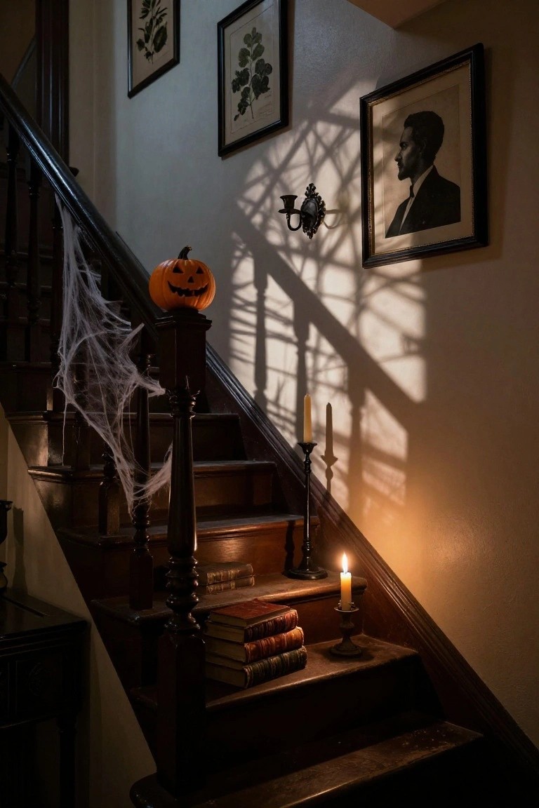 Wooden staircase in a hallway decorated for Halloween with a carved orange pumpkin on the newel post, white cobwebs draped on railings and post, candles in holders on steps and newel base, stacked old books, and framed botanical prints and portrait on beige walls.