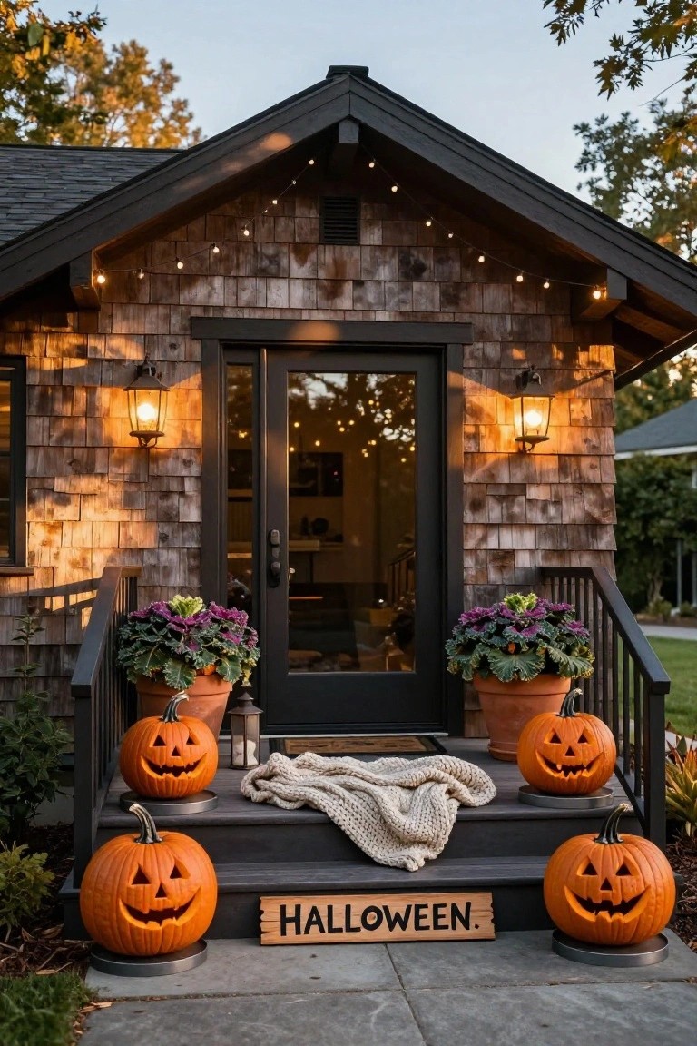 Dark shingled house front porch at dusk decorated for Halloween with four large carved jack-o-lanterns on the steps, purple kale in terracotta pots, lit lanterns flanking the black door, string lights overhead, a throw blanket, and a wooden "Halloween" sign.