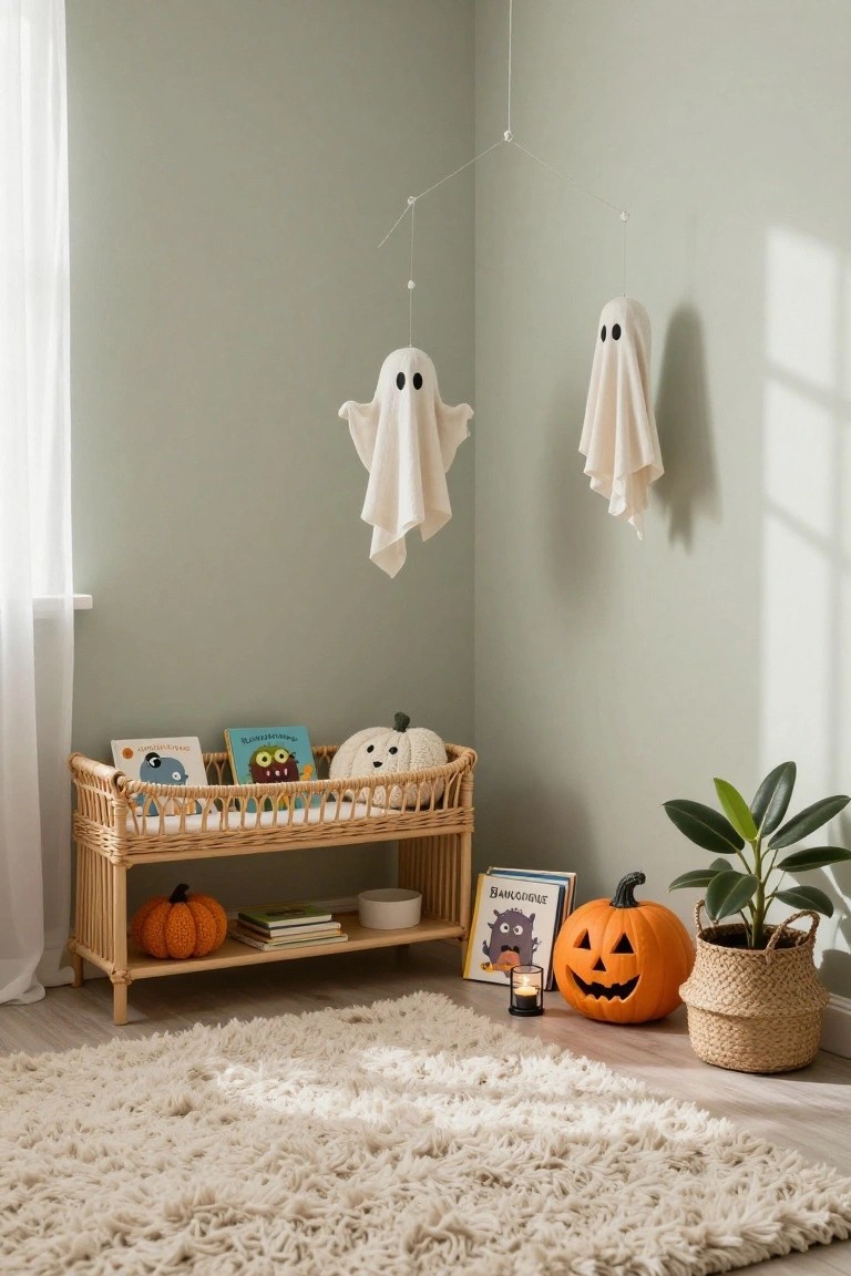 Corner of a pastel green nursery room with hanging white fabric ghosts, a rattan changing table holding children's Halloween books, plush white pumpkin, small orange pumpkin, carved jack-o'-lantern, potted plant in basket, candle, and white shag rug on wood floor.