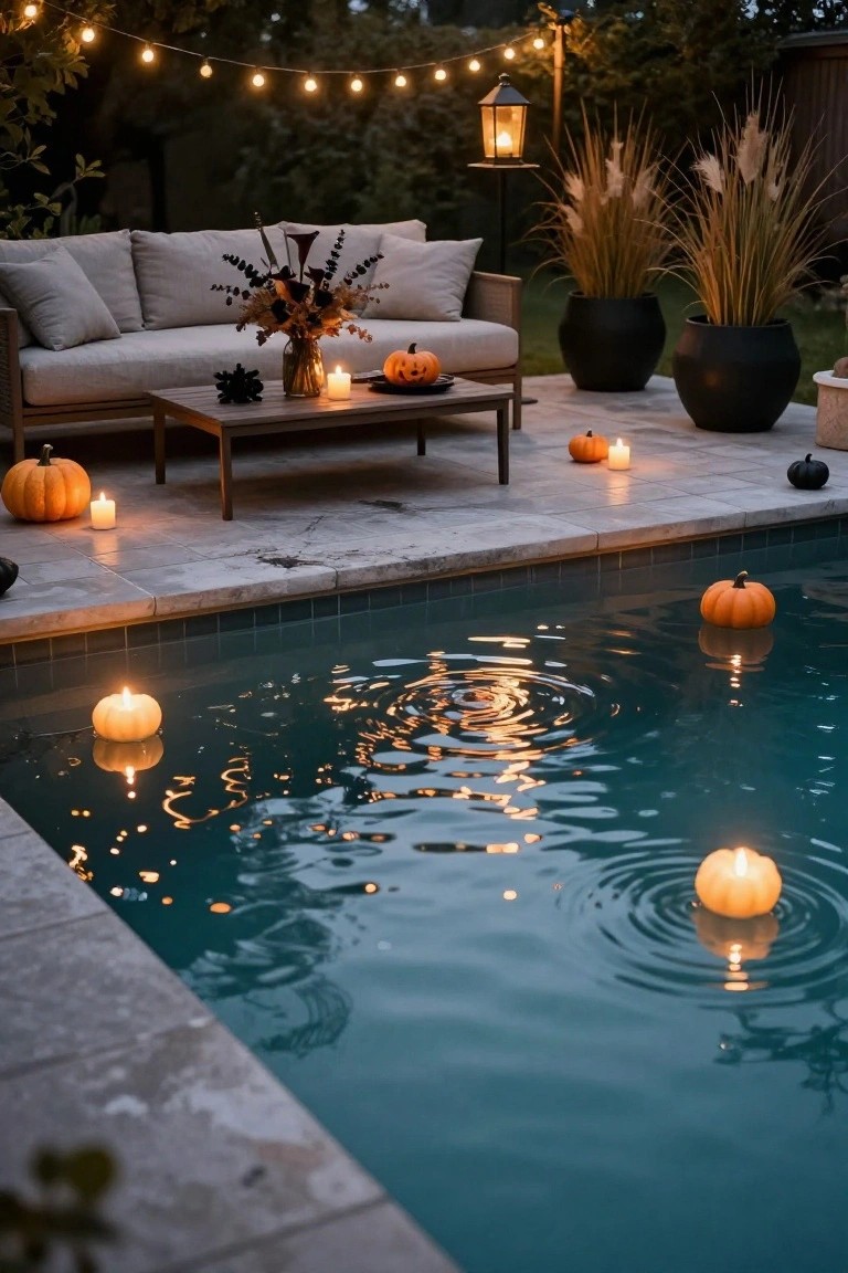 Outdoor pool with floating orange pumpkins and white candles lit inside them on the dark blue water, surrounded by tiled patio with beige sofa, coffee table, pampas grass in black pots, string lights above, and Halloween decorations like small pumpkins and lanterns.