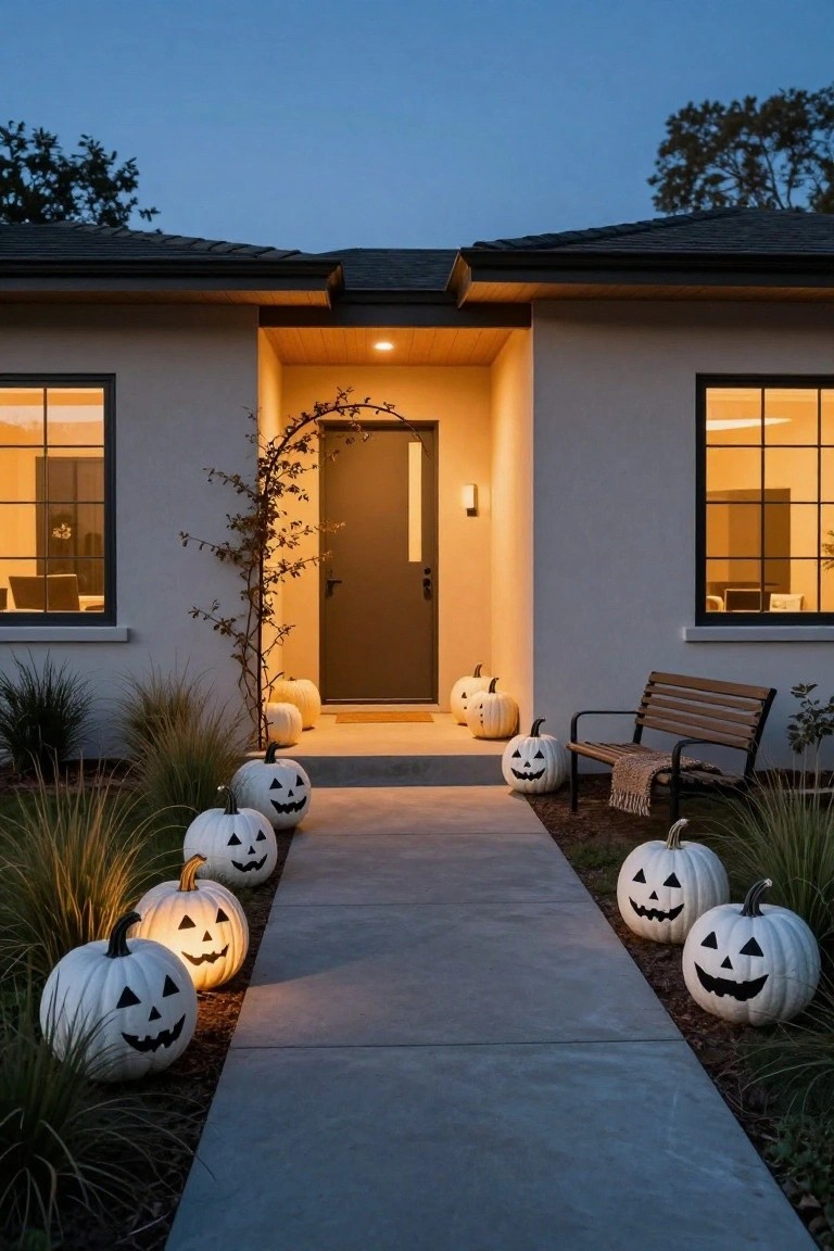 Beige modern house exterior at dusk with a concrete pathway lined on both sides by illuminated white pumpkins carved with black jack-o-lantern faces, ornamental grasses, a wooden bench near the entry, and vines arching over the dark front door.