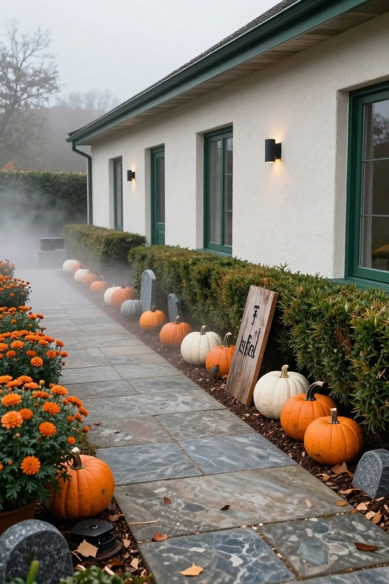 Foggy stone pathway lined with white, orange, and gray pumpkins, small gravestones, and orange flowers, bordered by green hedges, leading to a white house wall with green windows and black wall lights.