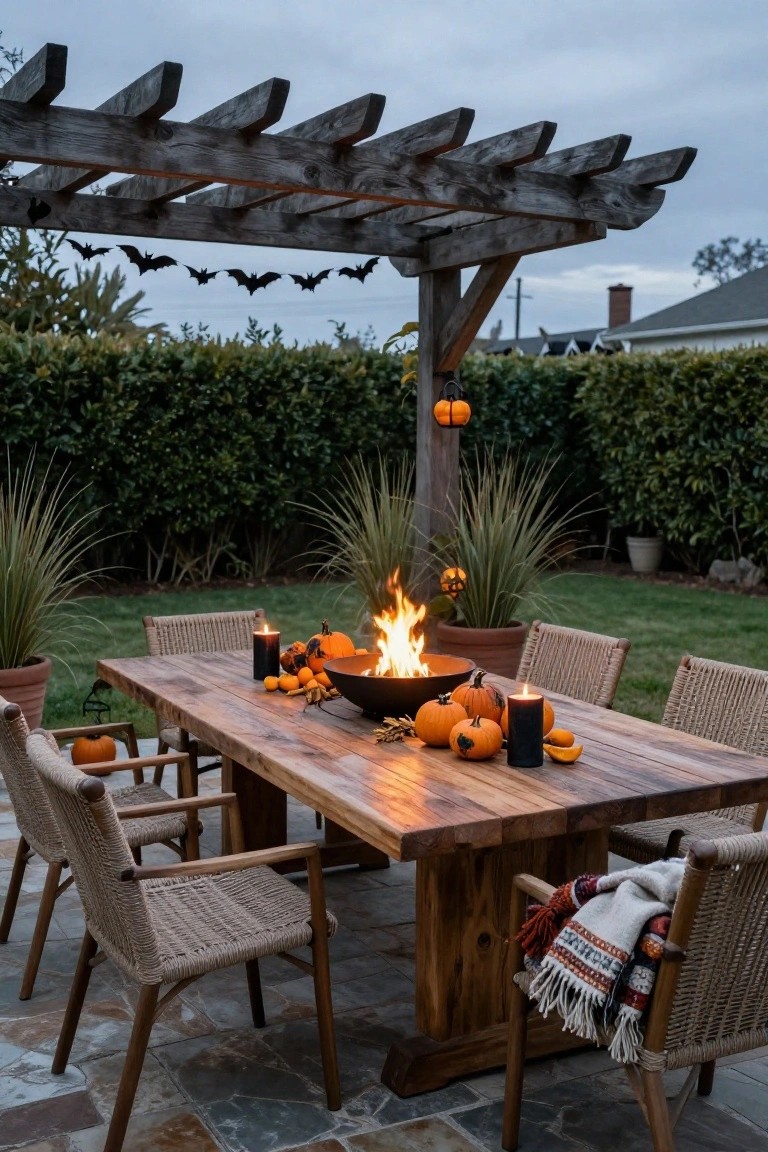 Wooden dining table on a patio under a pergola, centered with a black fire bowl containing flames, surrounded by orange pumpkins, black candles, potted plants, rattan chairs, and Halloween bat garlands.