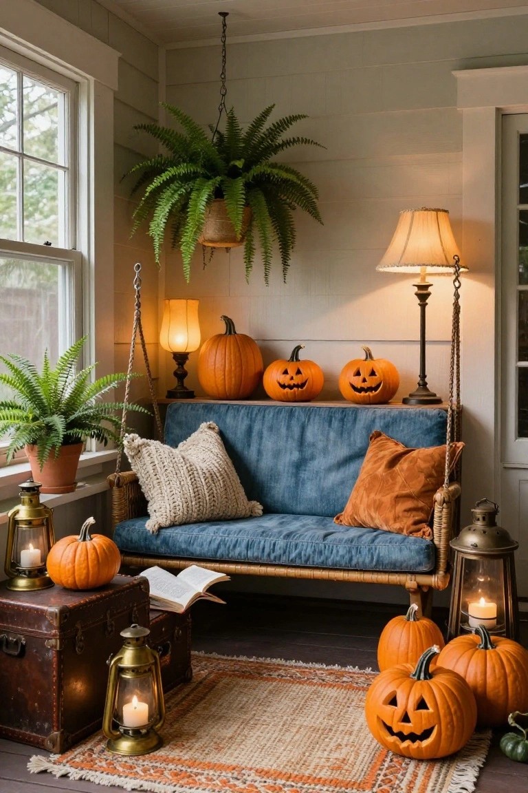 Interior sunroom with a blue rattan hanging porch swing, cream and orange pillows, carved jack-o-lantern pumpkins, potted ferns, brass lanterns with candles, and a trunk on a wooden floor.