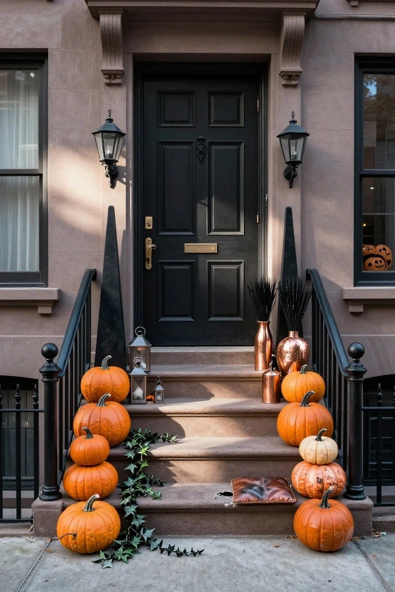 Brownstone house facade with black front door, gas lanterns on either side, tall black spikes and brooms in copper vases near railings, pumpkins stacked progressively smaller up the steps with ivy trailing down, and additional pumpkins at the base.