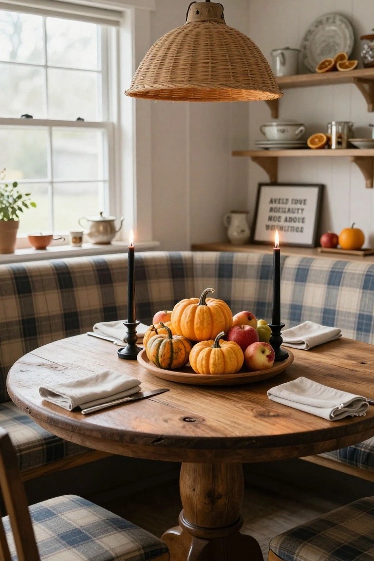 Round wooden dining table in a cozy nook with plaid bench seating, centered wooden platter of assorted pumpkins and apples flanked by black taper candles on holders, white shelves with dishware and oranges above, window and plants in background.