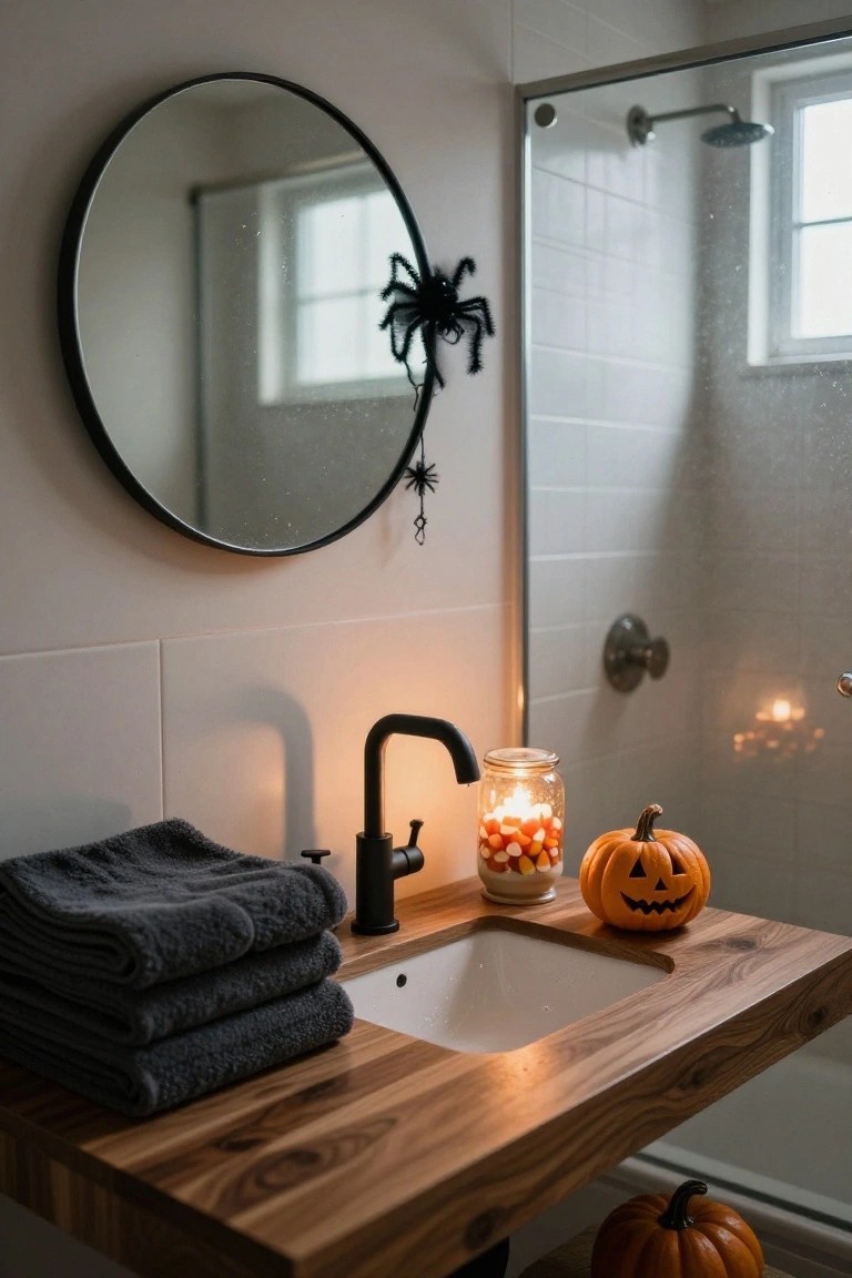 Modern bathroom vanity with wooden countertop and undermount sink, black faucet, stacked gray towels, glass jar of candy corn with lit candle, small carved pumpkin, round black mirror with spider web decoration, and Halloween elements near glass shower enclosure.