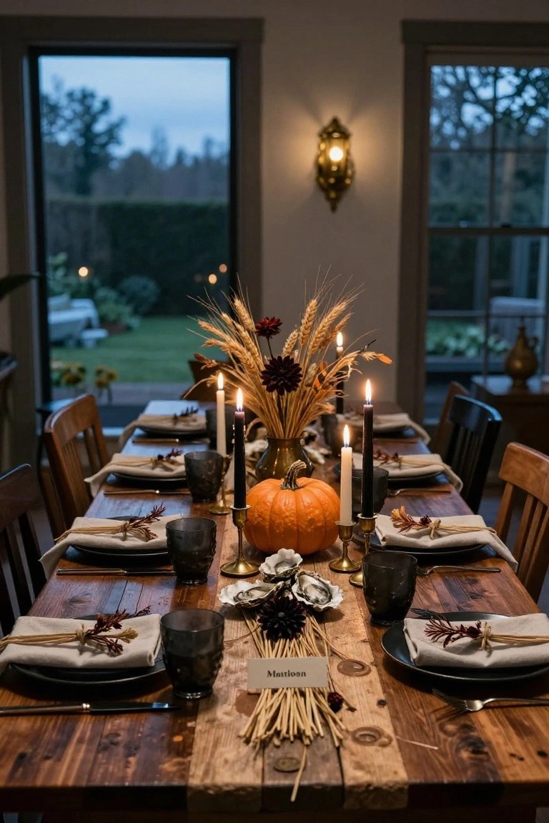 Wooden dining table set with black plates, napkins tied with dried branches, dark glassware, black candles, a small orange pumpkin, oyster shells, and bundles of wheat stalks running down the center, with large windows showing a garden outside.