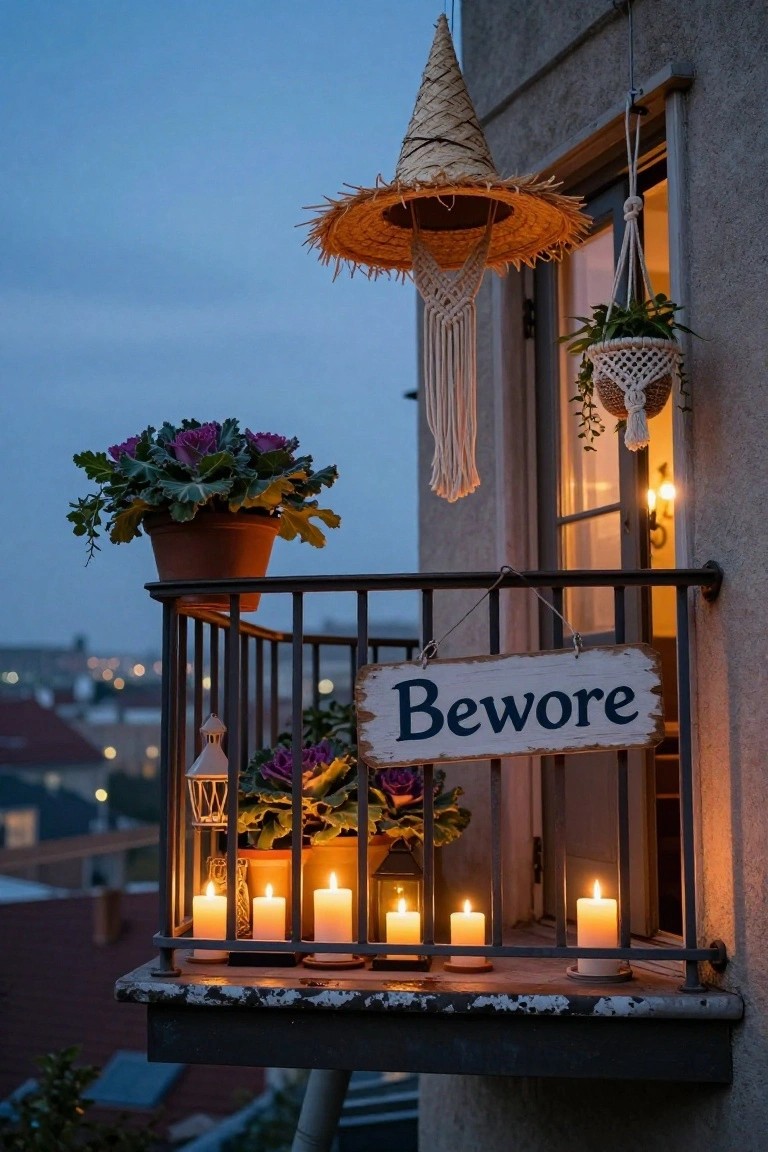City balcony at dusk with black metal railing, wooden "Beware" sign hanging from it, large straw witch hat suspended above, potted purple kale plants, macrame hanging planters, lanterns, and several white pillar candles on the ledge.