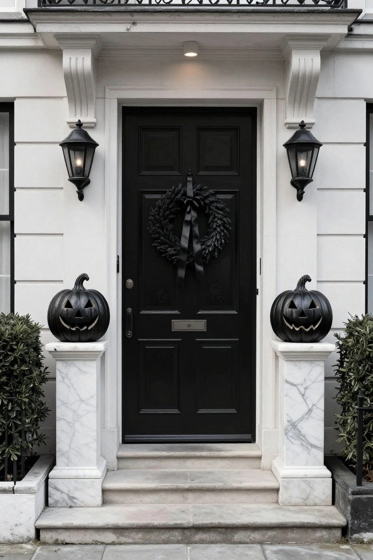 White townhouse facade with black front door centered under a pediment, decorated with black wreath and two black jack-o'-lanterns on marble pedestals, flanked by black lanterns and potted topiary.