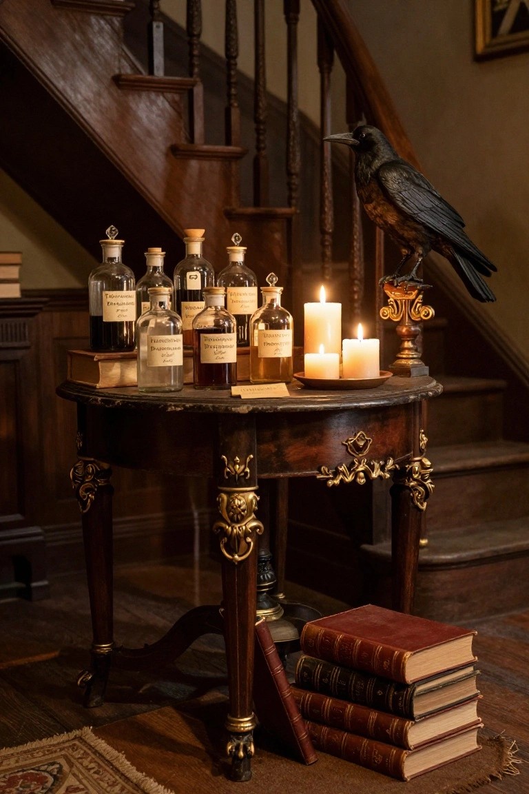 Wooden round table at base of staircase holding glass apothecary bottles with Greek labels and colored liquids, burning candles, old books, and bronze raven statue in dimly lit interior with wooden walls and rug.