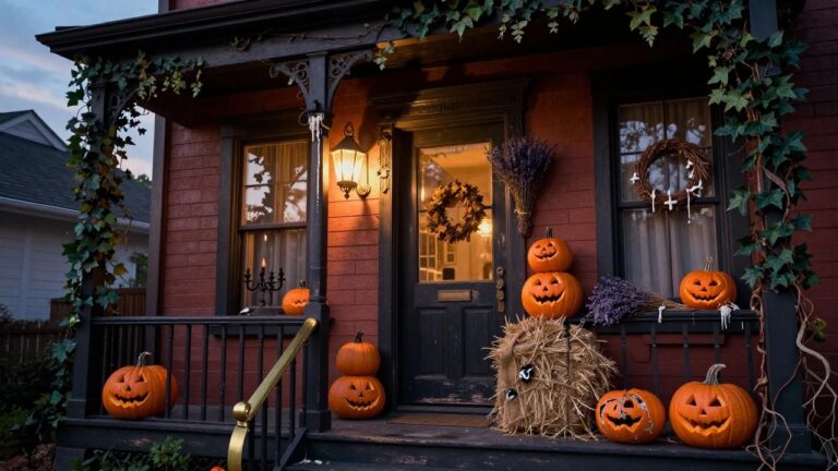 Dark shingled house exterior with Halloween decorations including a front door wreath, lit hanging lantern, hay bales, lavender bundles, ivy vines, and multiple carved jack-o-lantern pumpkins on the porch steps.