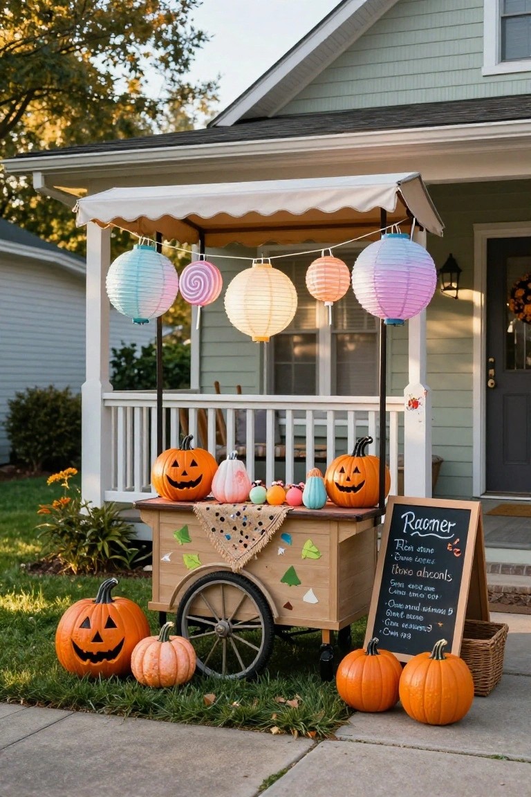 House exterior with light green siding and white porch decorated for Halloween, featuring a wooden wheeled candy cart stocked with treats, surrounded by pumpkins, colorful paper lanterns hanging from poles, and a chalkboard sign listing candy options on the grass.