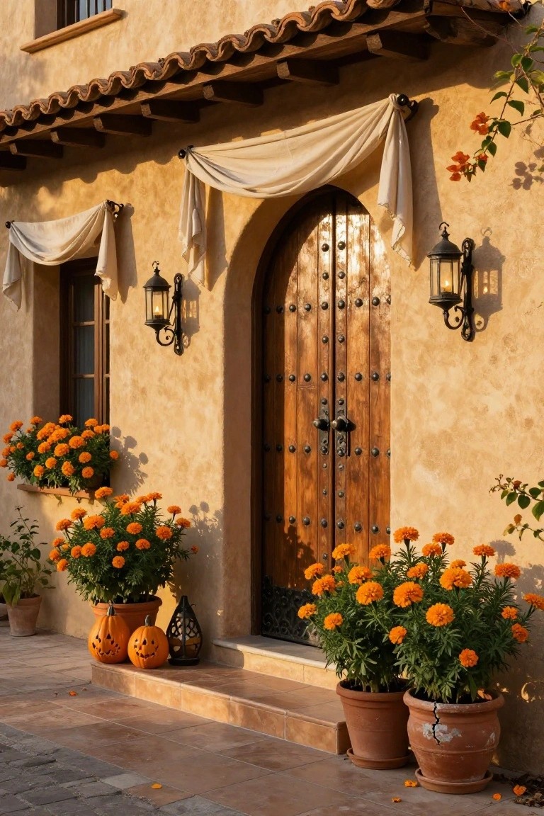 Adobe-style house facade with arched wooden door, potted orange marigolds flanking the entry steps, carved jack-o-lantern pumpkins, hanging lanterns, draped white fabrics, and scattered fall petals in golden hour light.