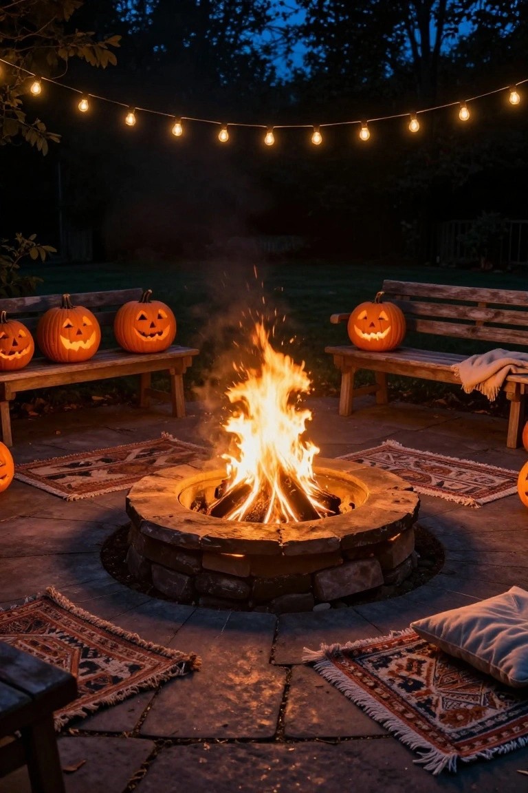 Stone fire pit with flames in the center surrounded by wooden benches holding carved pumpkins, string lights overhead, patterned rugs, pillows, and trees in the background at dusk.
