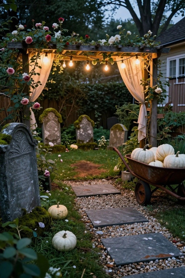 Garden path of stone slabs and gravel lined with moss-covered gravestones, white pumpkins, and a wheelbarrow, framed by a wooden rose-covered arbor with string lights and sheer curtains at twilight beside a house.