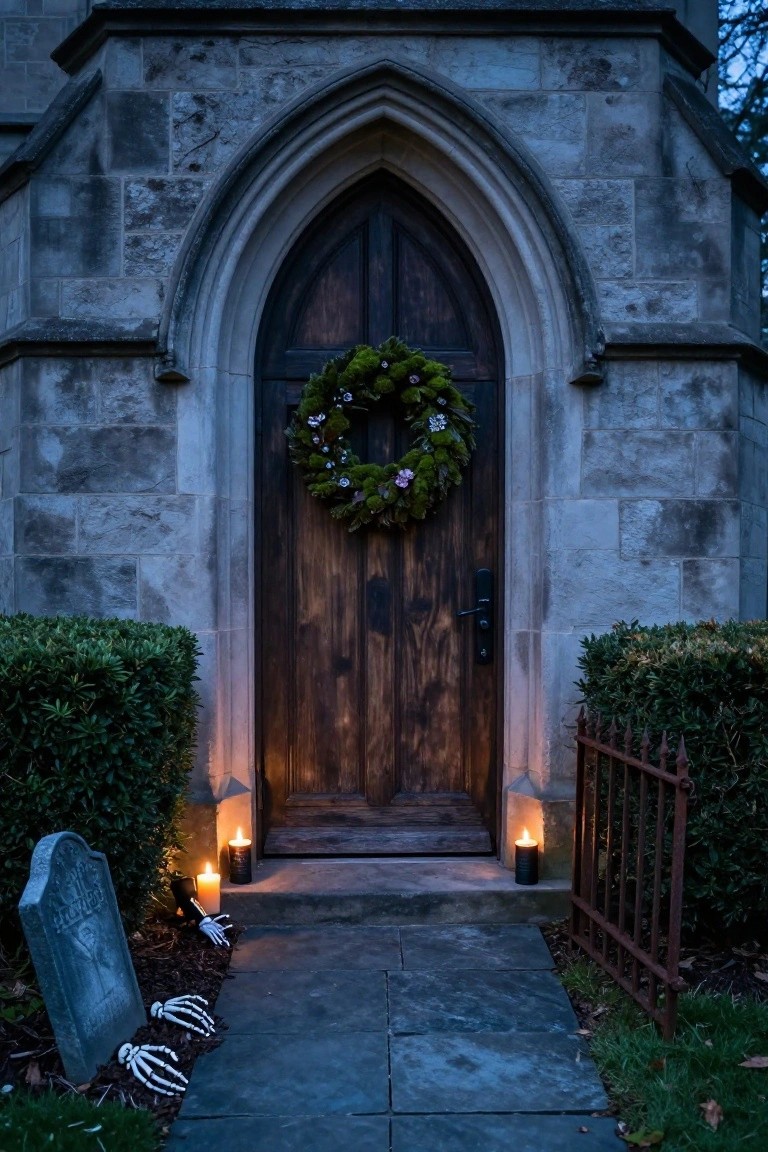 Gothic arched wooden door on stone building with mossy evergreen wreath, faux gravestone with skeleton hands along stone path, lanterns by steps, bushes and iron fence at dusk.