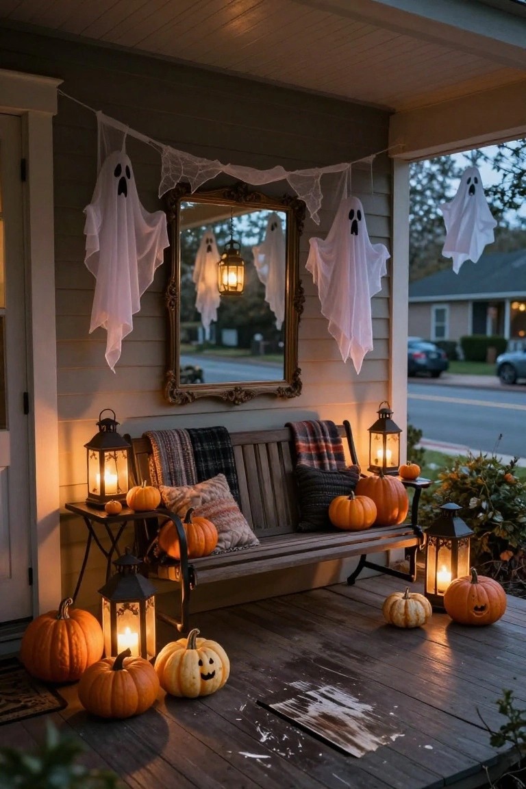 Halloween porch with ghost decorations, pumpkins, lanterns, and wooden bench.