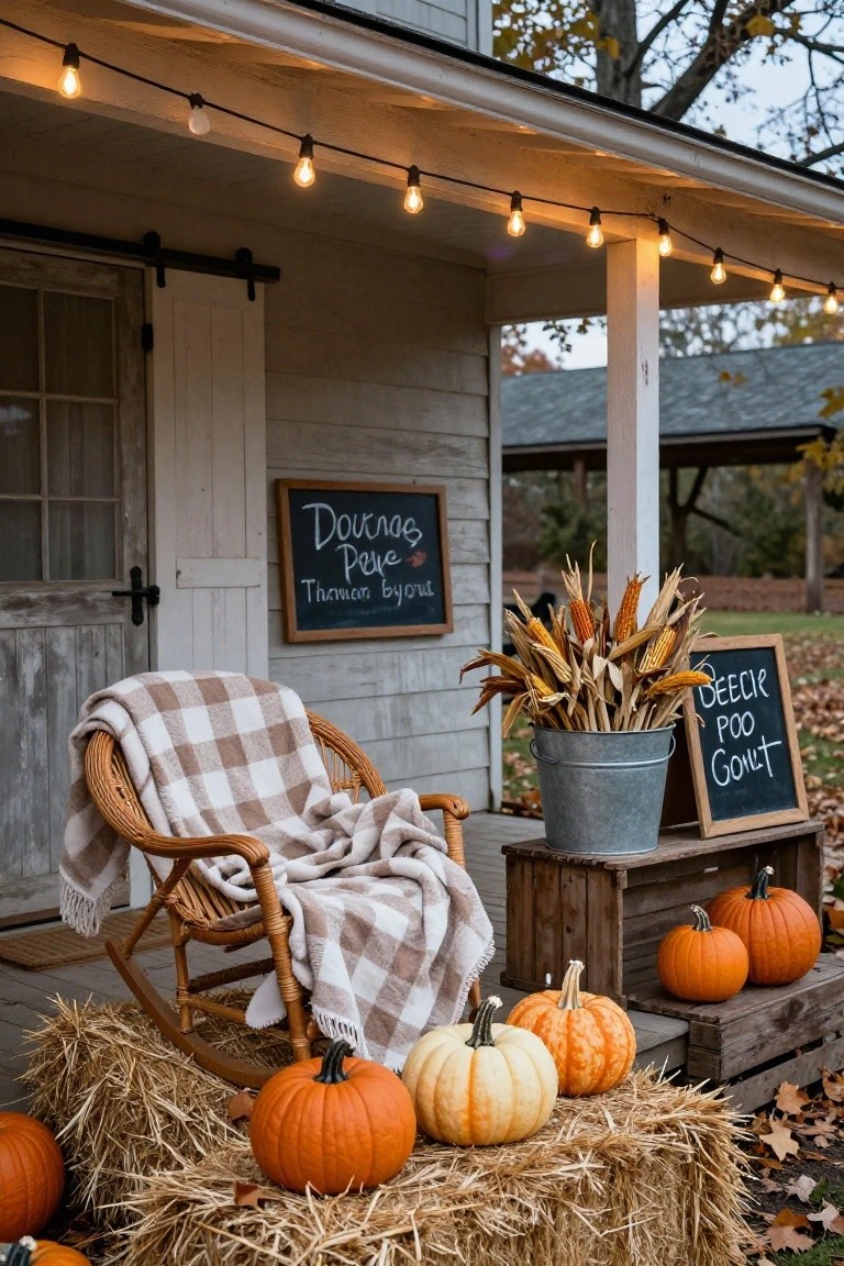 Rustic covered porch with stacked hay bales topped by pumpkins, a plaid blanket on a wicker rocking chair, corn stalks in a metal bucket, string lights overhead, and chalkboard signs propped nearby.