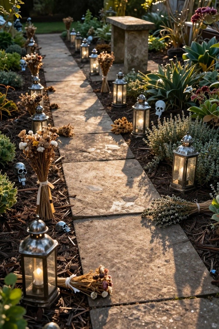 Stone pathway through a garden lined with metal lanterns containing lit candles, bundles of dried flowers, skull decorations, and various plants in evening light.