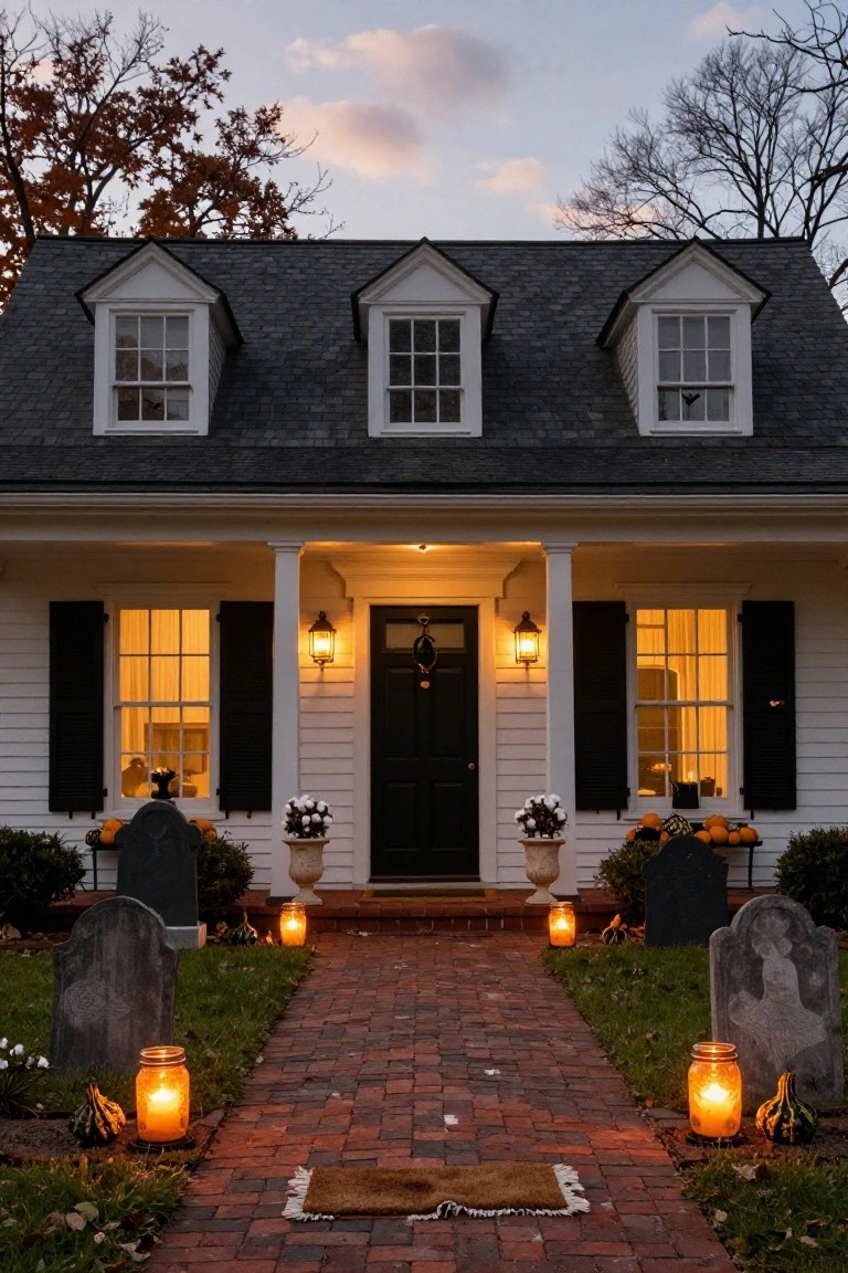 White colonial-style house with gabled roof, black shutters, front porch, and Halloween decorations including pumpkins, gravestones, and lit mason jar lanterns lining a brick pathway at dusk.