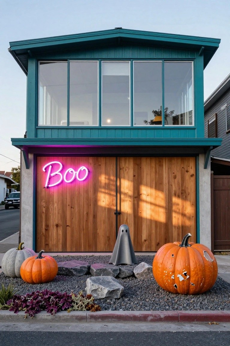 Teal two-story house with large upper windows, wooden garage door featuring pink neon "Boo" sign and metal ghost sculpture, white and orange pumpkins, rocks, and plants on gravel bed in front.