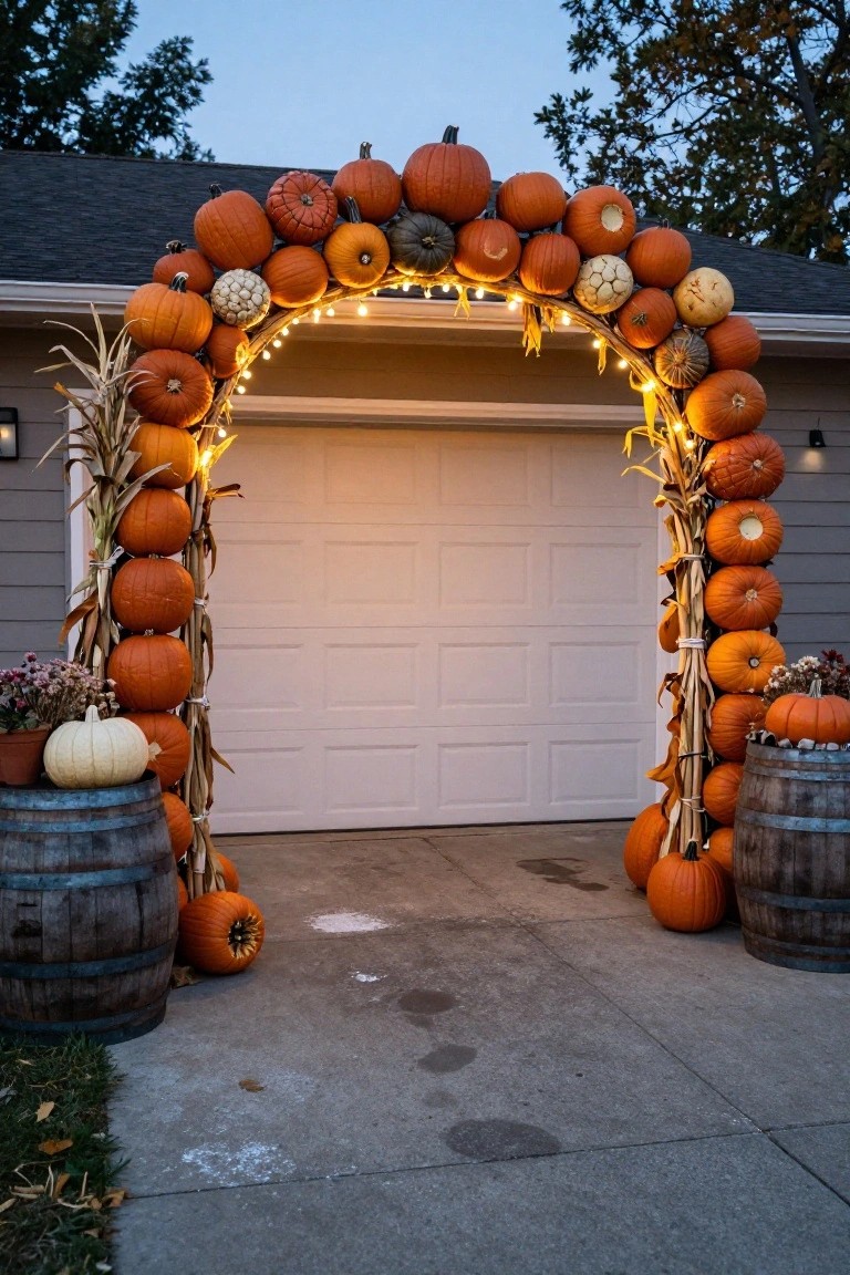 Garage door framed by a tall arch of stacked orange, white, gray, and patterned pumpkins with string lights and cornstalks on both sides, plus wooden barrels holding additional pumpkins nearby.