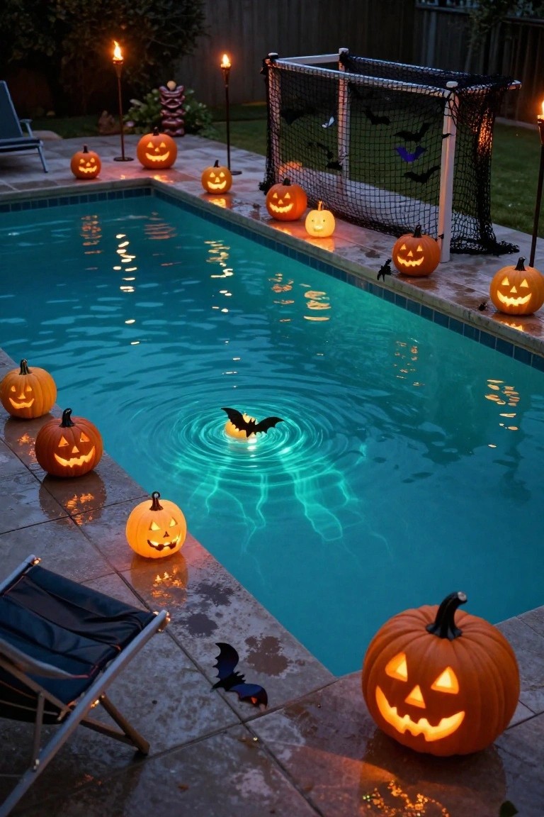 Backyard swimming pool at night with glowing jack-o-lanterns placed around the edge and deck, a floating illuminated bat in the water, torches, hanging bats, spider webs on a goal net, and a lounge chair nearby.