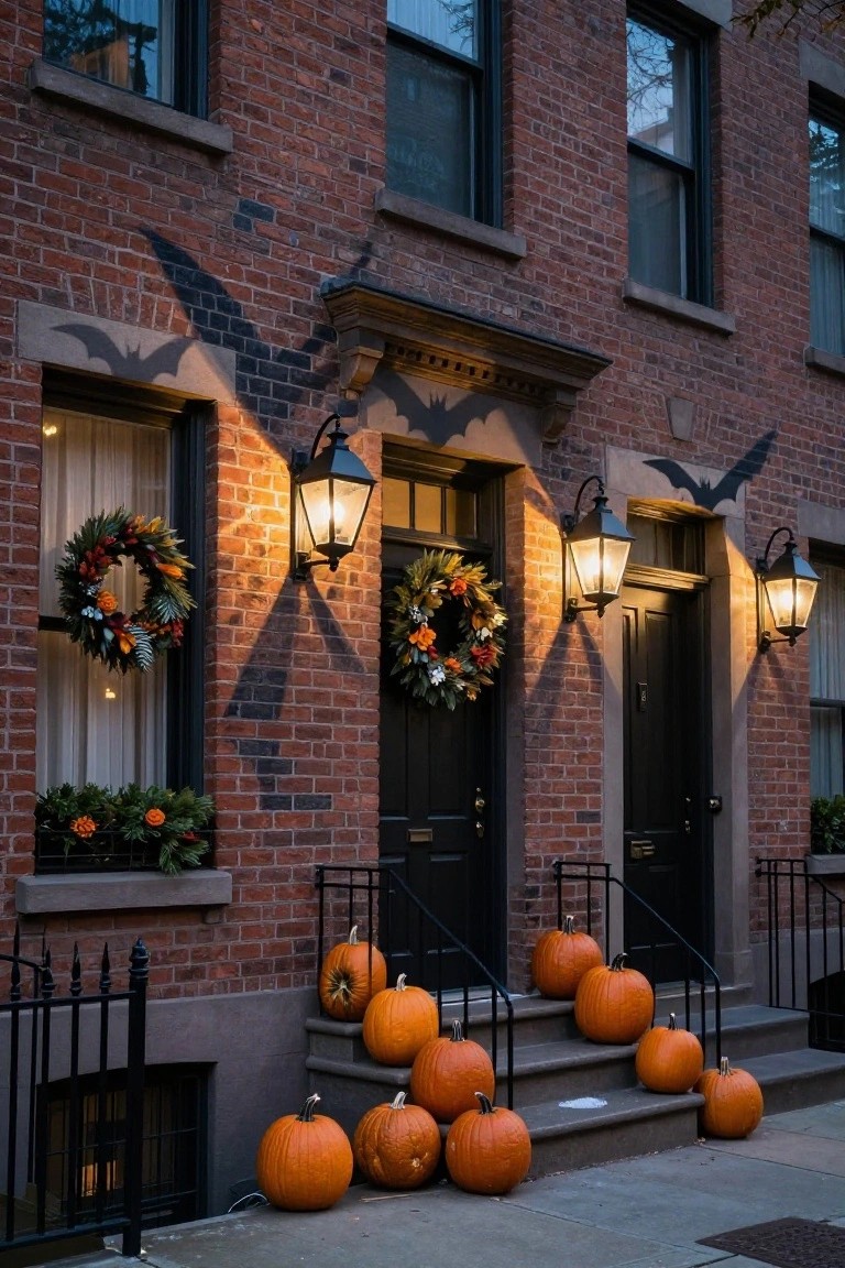 Brown brick townhouse with two black front doors flanked by lit lanterns, autumn wreaths on doors and windows, bat silhouettes on the brick walls, and clusters of orange pumpkins on the stone entry steps at dusk.