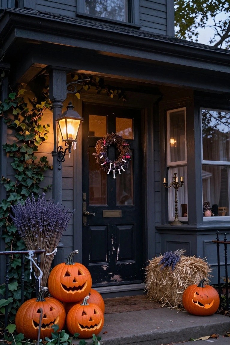 Dark shingled house exterior with Halloween decorations including a front door wreath, lit hanging lantern, hay bales, lavender bundles, ivy vines, and multiple carved jack-o-lantern pumpkins on the porch steps.