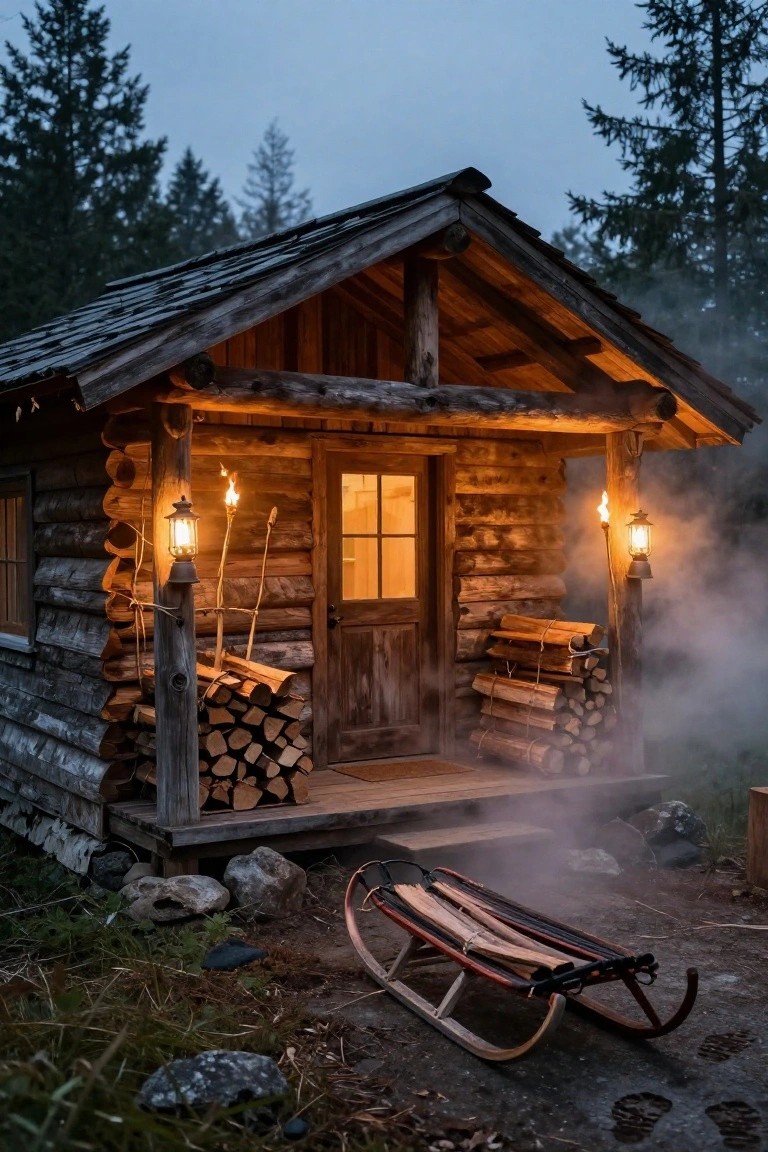 A rustic log cabin with a covered porch at dusk, featuring hanging lanterns and torches with flames, stacks of firewood, and a wooden sleigh on the ground amid misty forest surroundings.