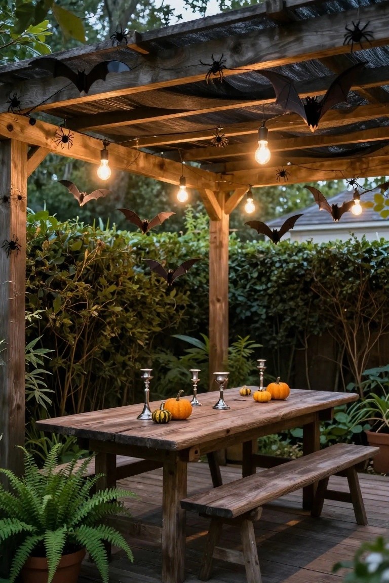 Wooden pergola on a deck draped with black netting, plastic bats, and spiders, lit by hanging bulb string lights, above a rustic wooden table with candelabras, small pumpkins, and benches, surrounded by greenery and plants.