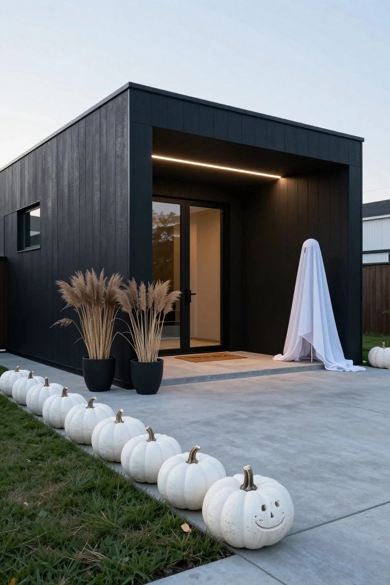 Modern black wooden cube house with glass front door and LED-lit overhang, concrete entry path lined with white pumpkins, black pots of pampas grass flanking the door, white ghost figure beside entrance, and grass yard.