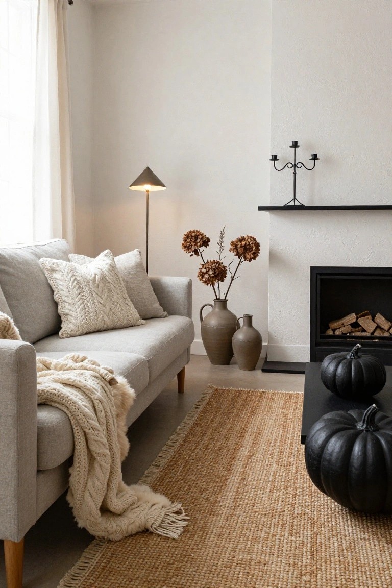 A neutral living room with light gray sofa draped in cream knit throw and pillows, white walls, floor lamp, terracotta vases of dried flowers, black metal candelabra on shelf, fireplace with logs and two matte black pumpkins on hearth, and seagrass rug.