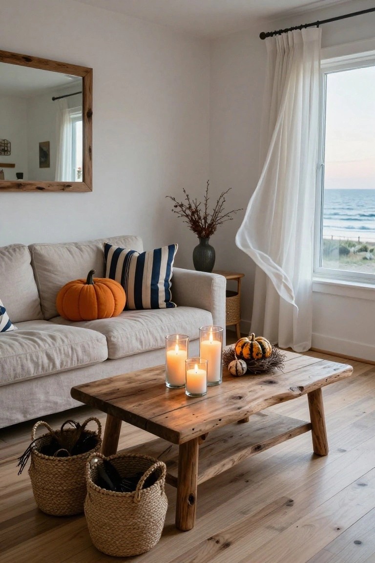 White-walled living room with beige linen sofa holding striped pillows and large orange pumpkin, rustic wood coffee table with white candles, small pumpkins, and nest, wicker baskets on floor, sheer curtains at window overlooking ocean at sunset.
