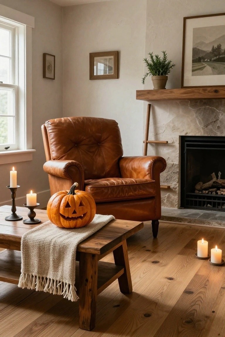 Cozy living room corner featuring a tufted brown leather armchair beside a stone fireplace, with a wooden coffee table holding a carved orange jack-o'-lantern pumpkin on a white woven runner and surrounded by black candlesticks with white candles.