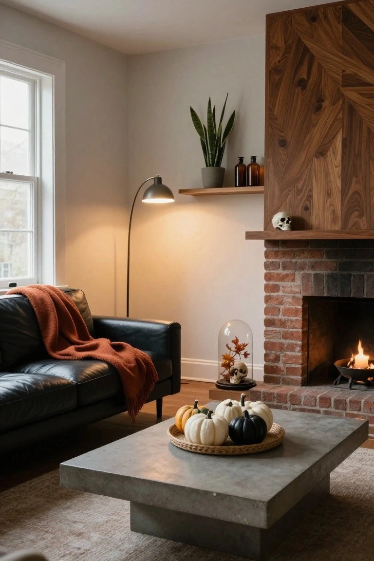 Modern living room corner with black leather sofa draped in orange blanket, gray concrete coffee table holding woven tray of small white orange and black pumpkins, arc lamp, snake plant, wood accent wall with skull on shelf, and brick fireplace with glass dome display of skull and autumn leaves.