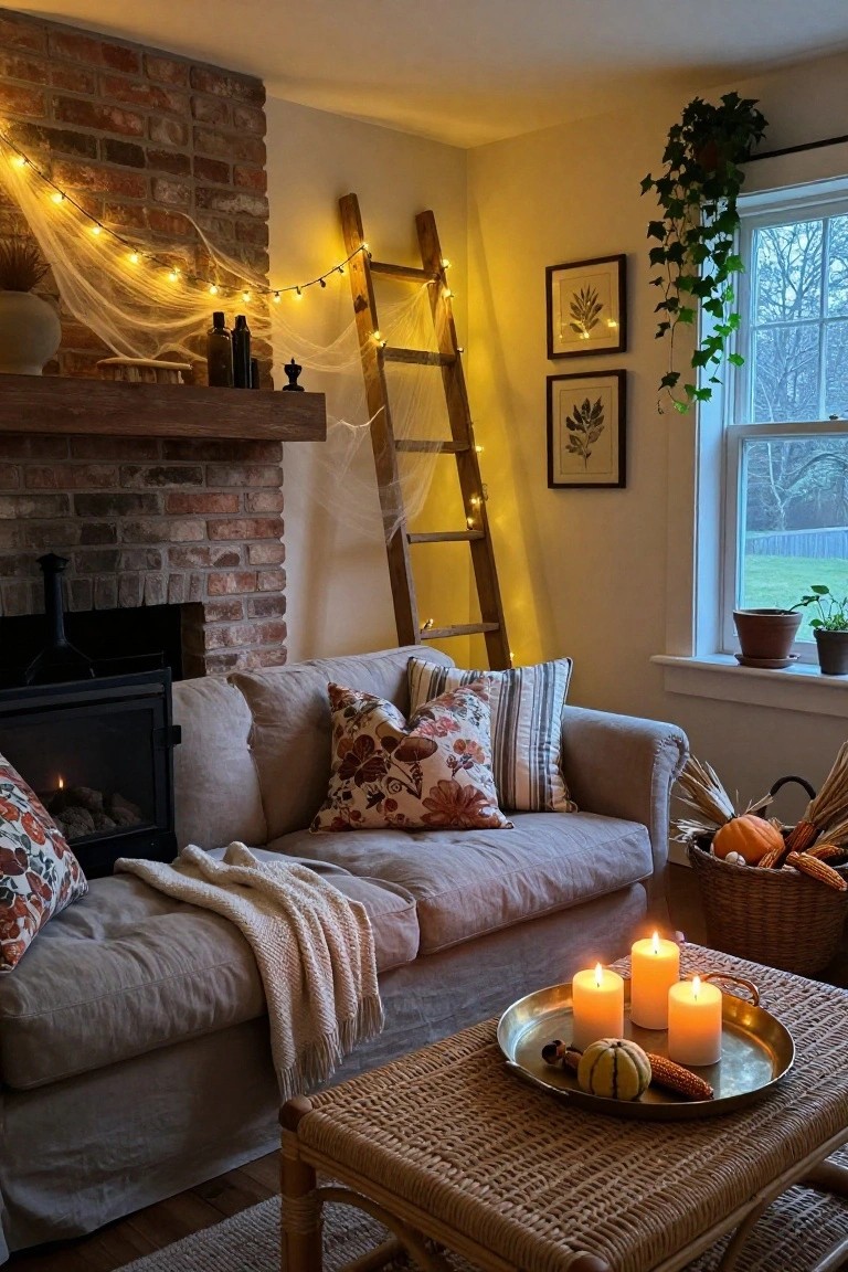 Cozy living room with brick fireplace, beige sofa with floral pillows and throw blanket, rattan coffee table holding candles and pumpkins, wooden ladder decorated with string lights and cobwebs in the corner, ivy plant by window.